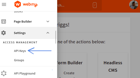 api key menu item